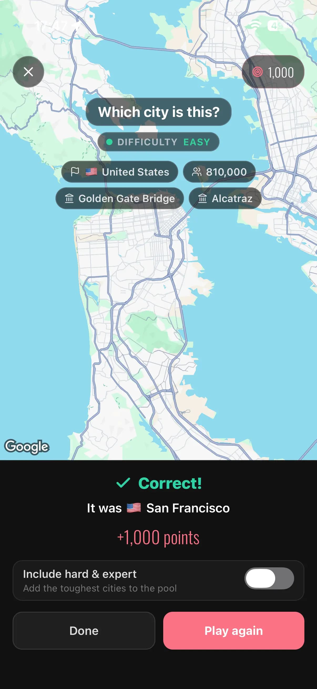 Fog Guesser result screen: correct guess of San Francisco worth 1,000 points