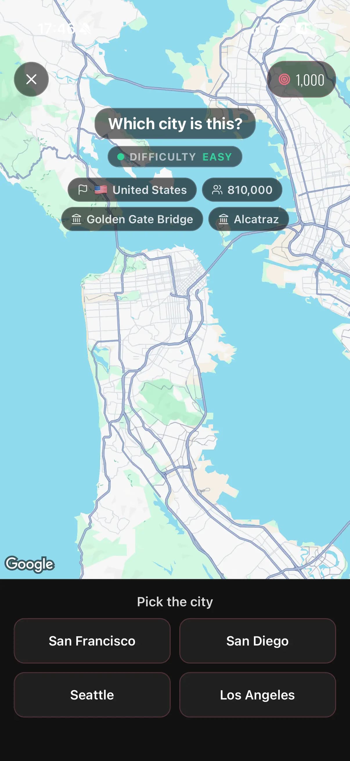 Fog Guesser late round: the revealed map of San Francisco with landmark hints and a four-city multiple choice
