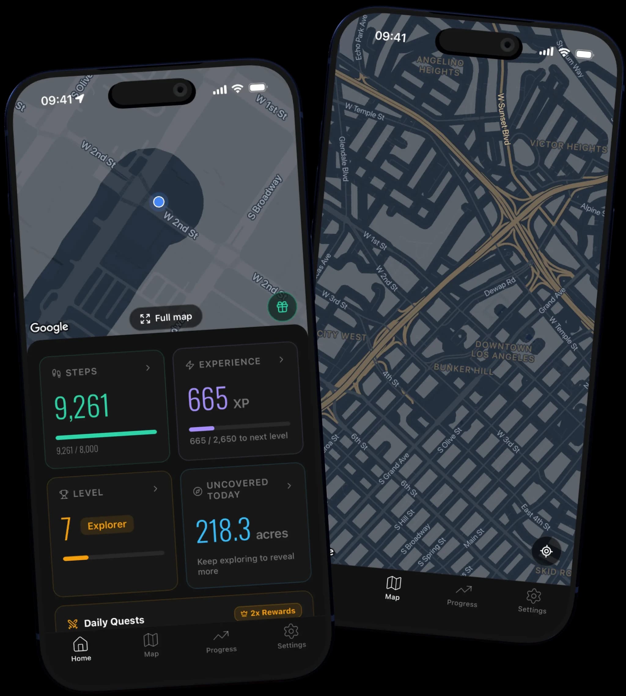 Fogbreaker app showing your fog-covered exploration map alongside daily step, XP and level stats