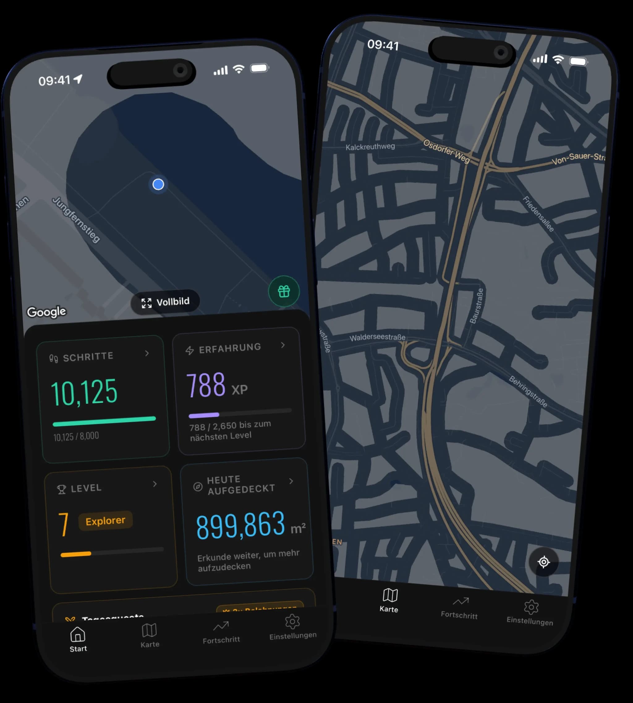 Die Fogbreaker-App zeigt deine nebelbedeckte Erkundungskarte neben Schritten, XP und Level des Tages