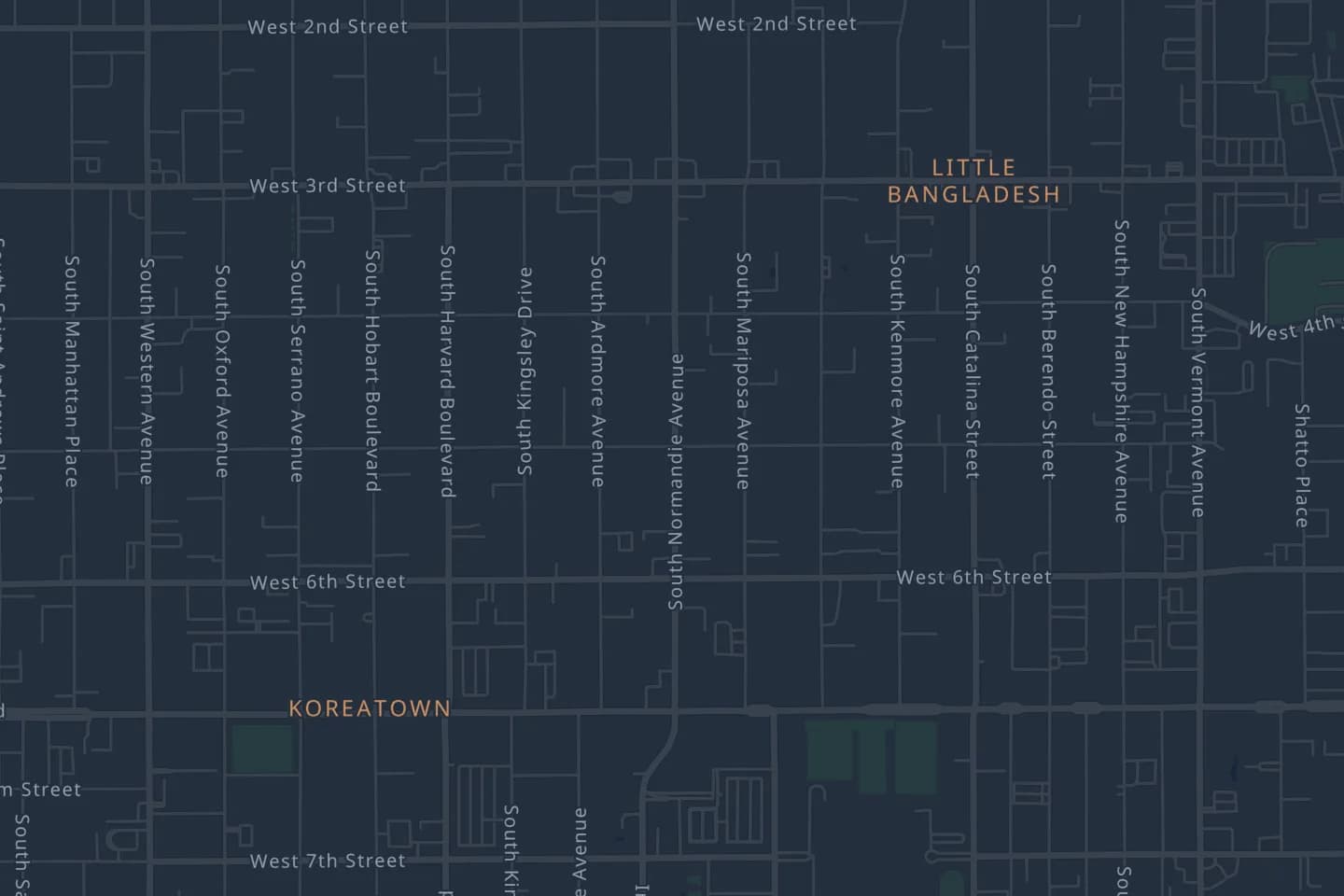 Die Fogbreaker-Karte zeigt das Viertel Koreatown in Los Angeles orange umrandet, mit gelichtetem Nebel entlang der abgelaufenen Straßen